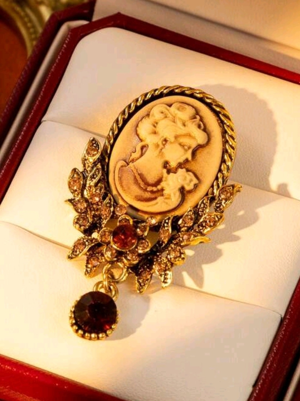 Gold Cameo Pendant Brooch with Amber Stones - Women Jewelry
